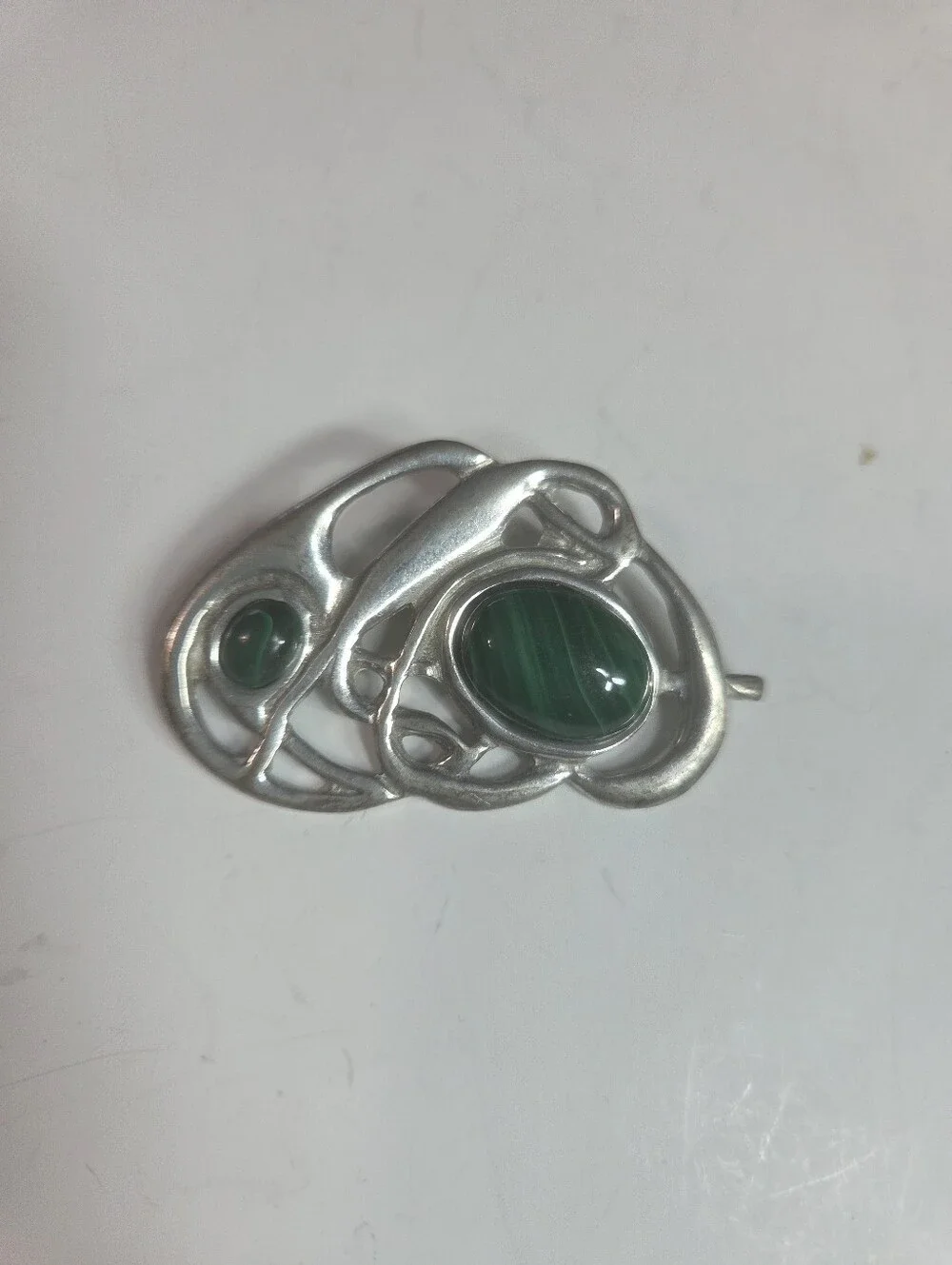 st justin pewter brooch abstract free form malachite cabochon stone green silver